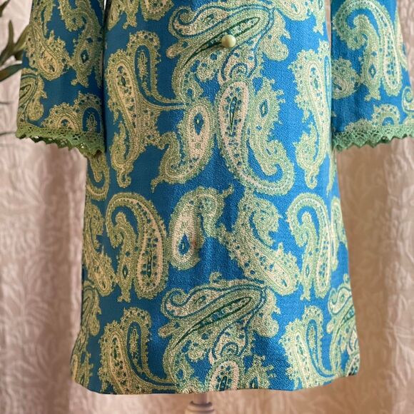 Vintage‎ 60s Roos Atkins Mod Green & Blue Paisley Groovy Funky Shift Dress Sz 11 - Picture 3 of 8